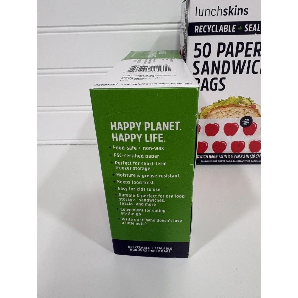 100ct Lunchskin Recyclable + Sealable Paper Sandwich Bags Apple Print